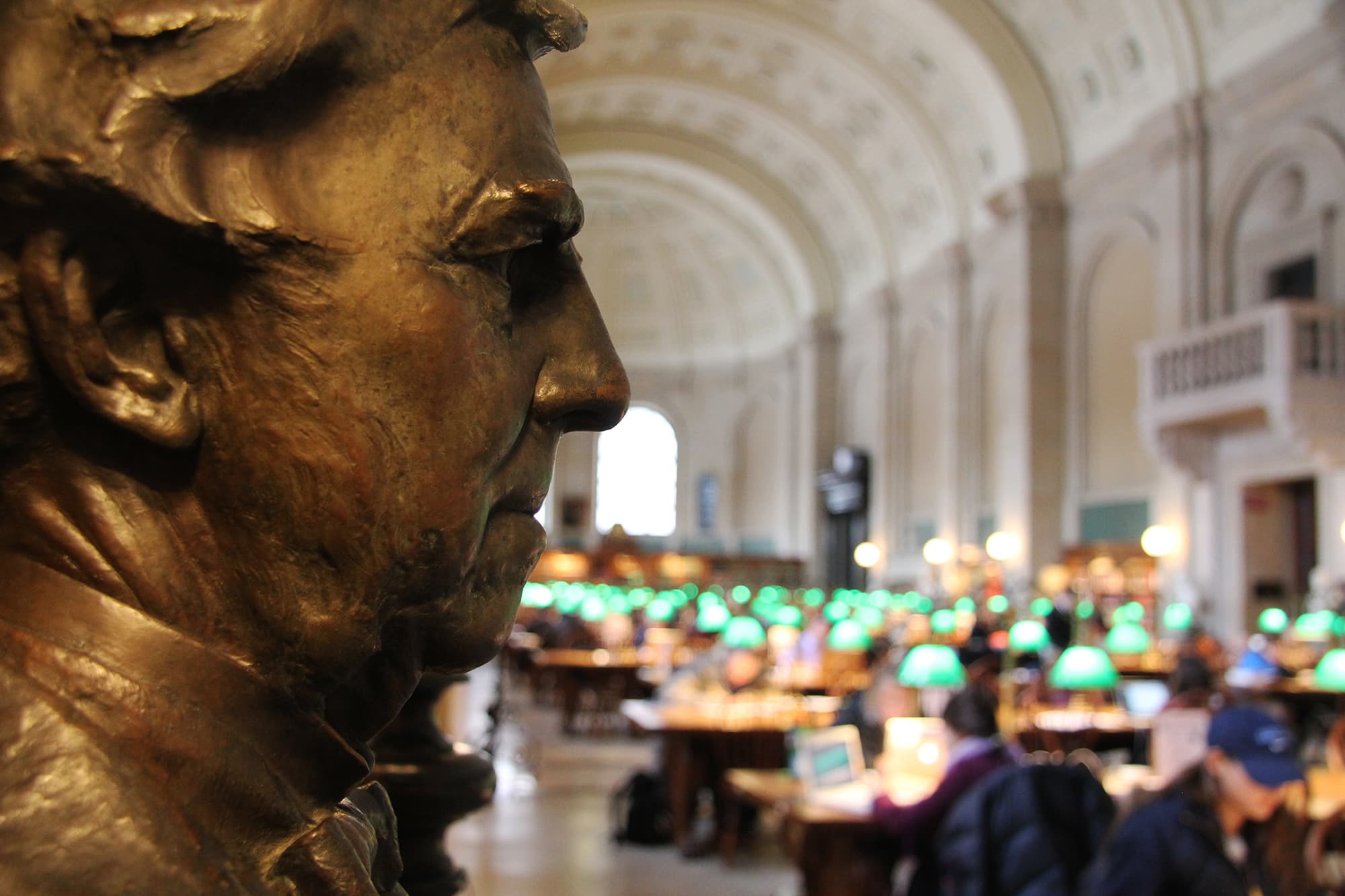 A side view of a statue in a library.